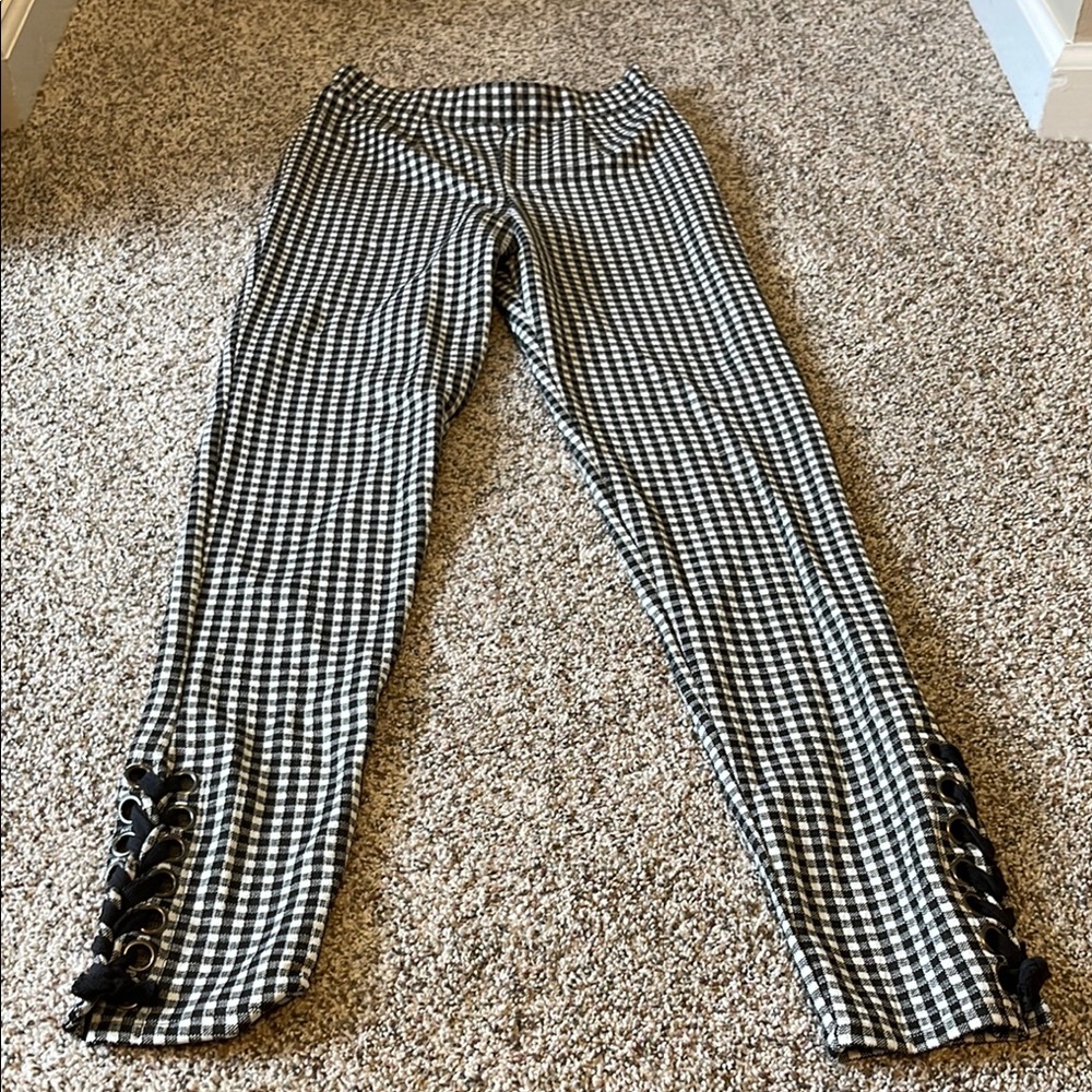 Black and White Gingham Pants with Lace-Up Detail